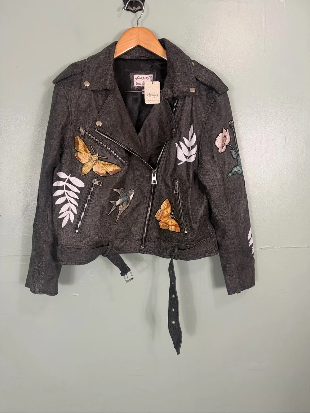 Free People Denim & Bone Patchwork Moto Jacket Gray Leather Small